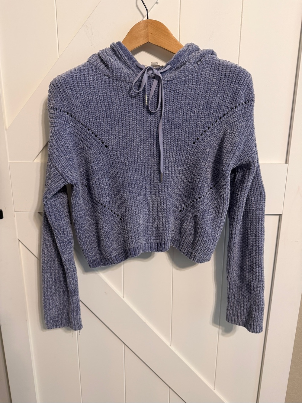 Garage Women’s Large  Y2K Chenille Knit Cropped Hoodie Sweater Periwinkle